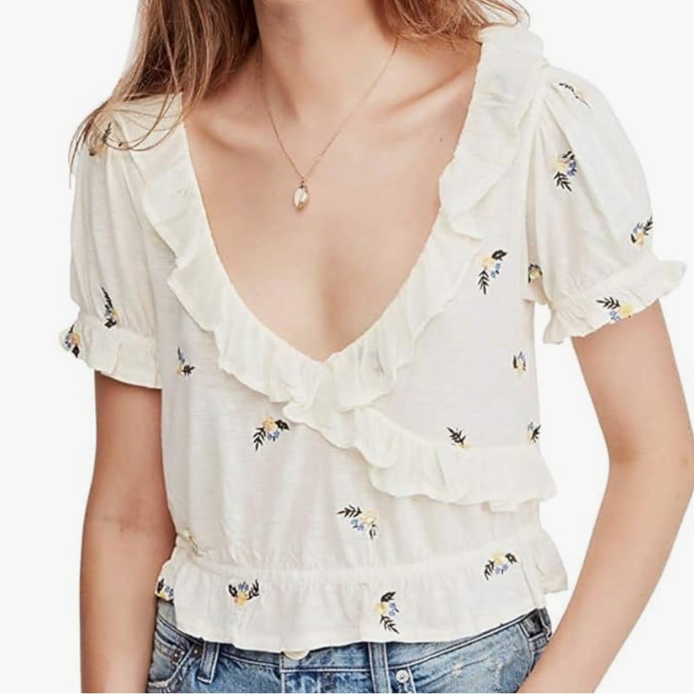 Free People Full Bloom Embroidered White Ruffled Crop Top S